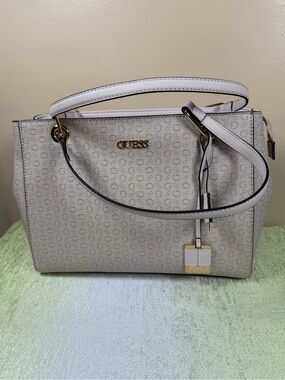 GUESS Cream Logo Satchel with Gold Accents